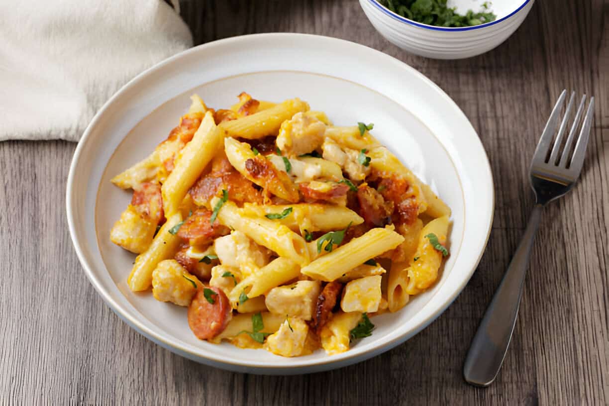 Creamy penne pasta with sausage and herbs