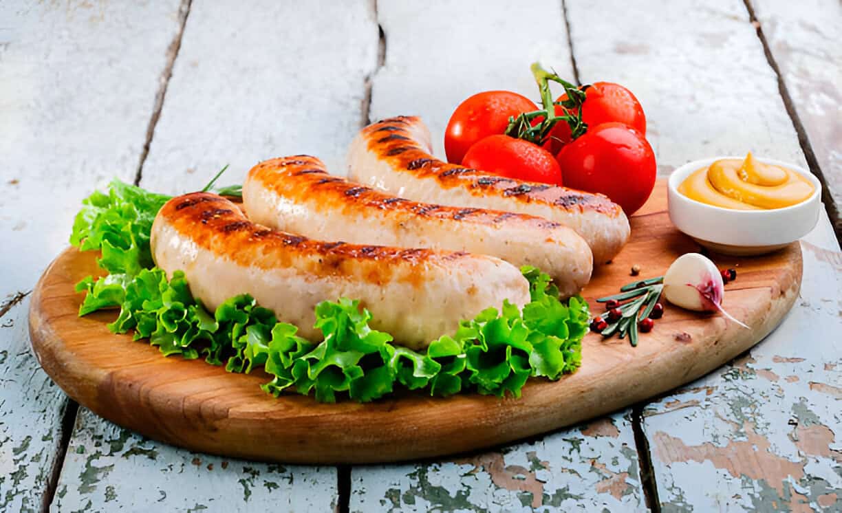 Tasty sausages with fresh vegetables and a side of mustard on a rustic table.