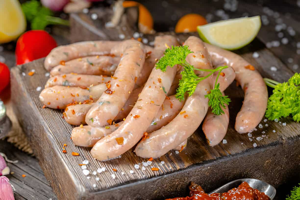 Grilled sausages with fresh herbs on wooden board