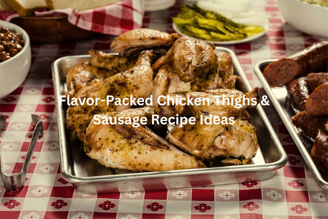 Platter of freshly cooked, seasoned meats, including chicken and sausages, along with pickled vegetables and other accompaniments, arranged on a checkered tablecloth.