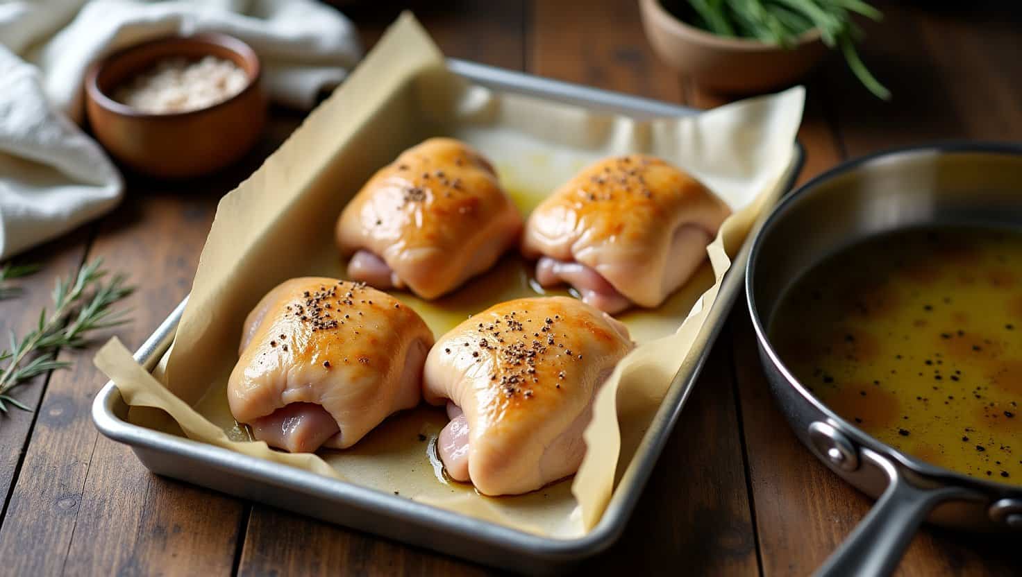 Freshly baked chicken thighs seasoned with herbs and spices, ready to be roasted or baked.