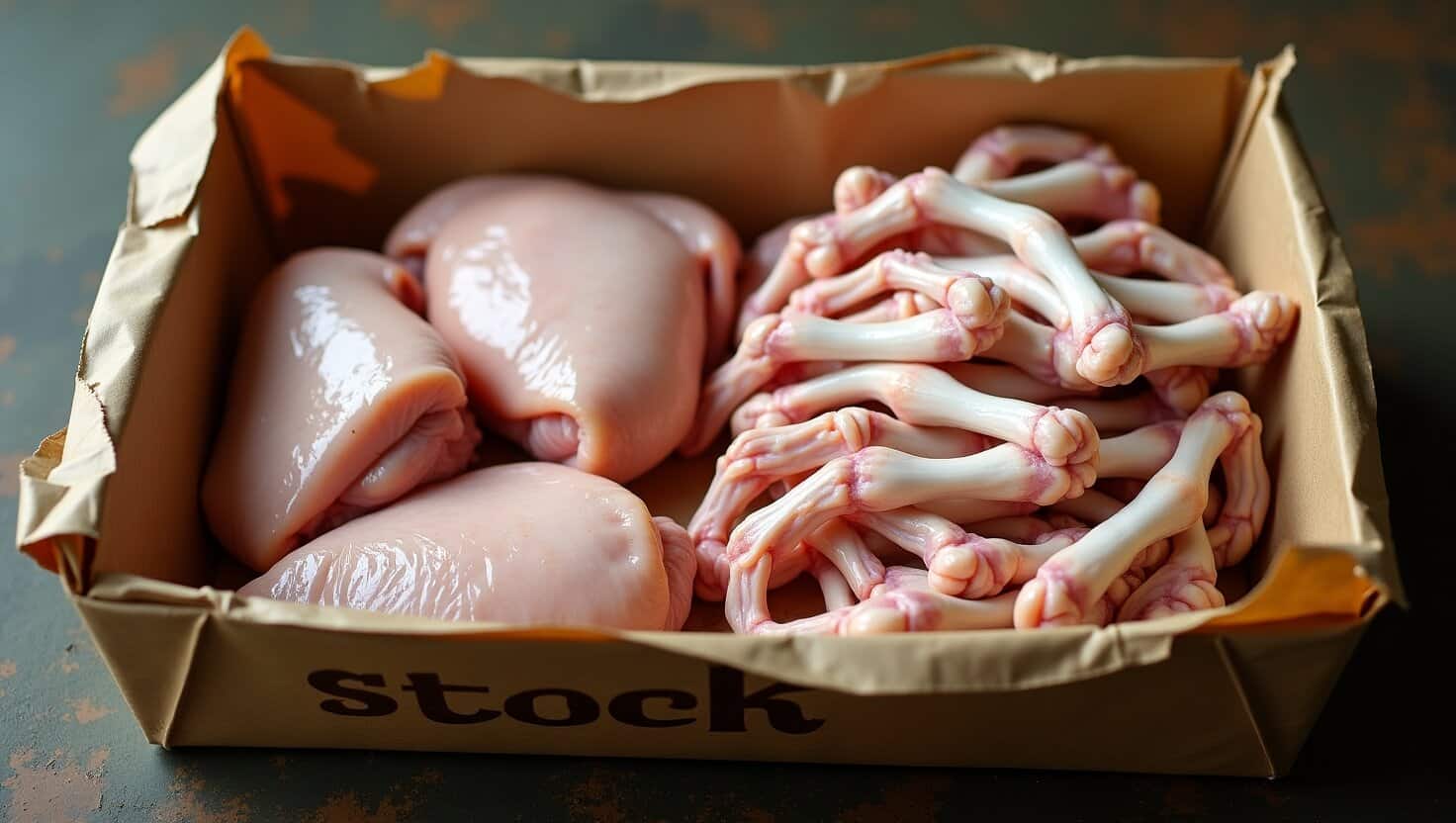 A cardboard box filled with various raw chicken parts, including whole chicken and chicken wings.