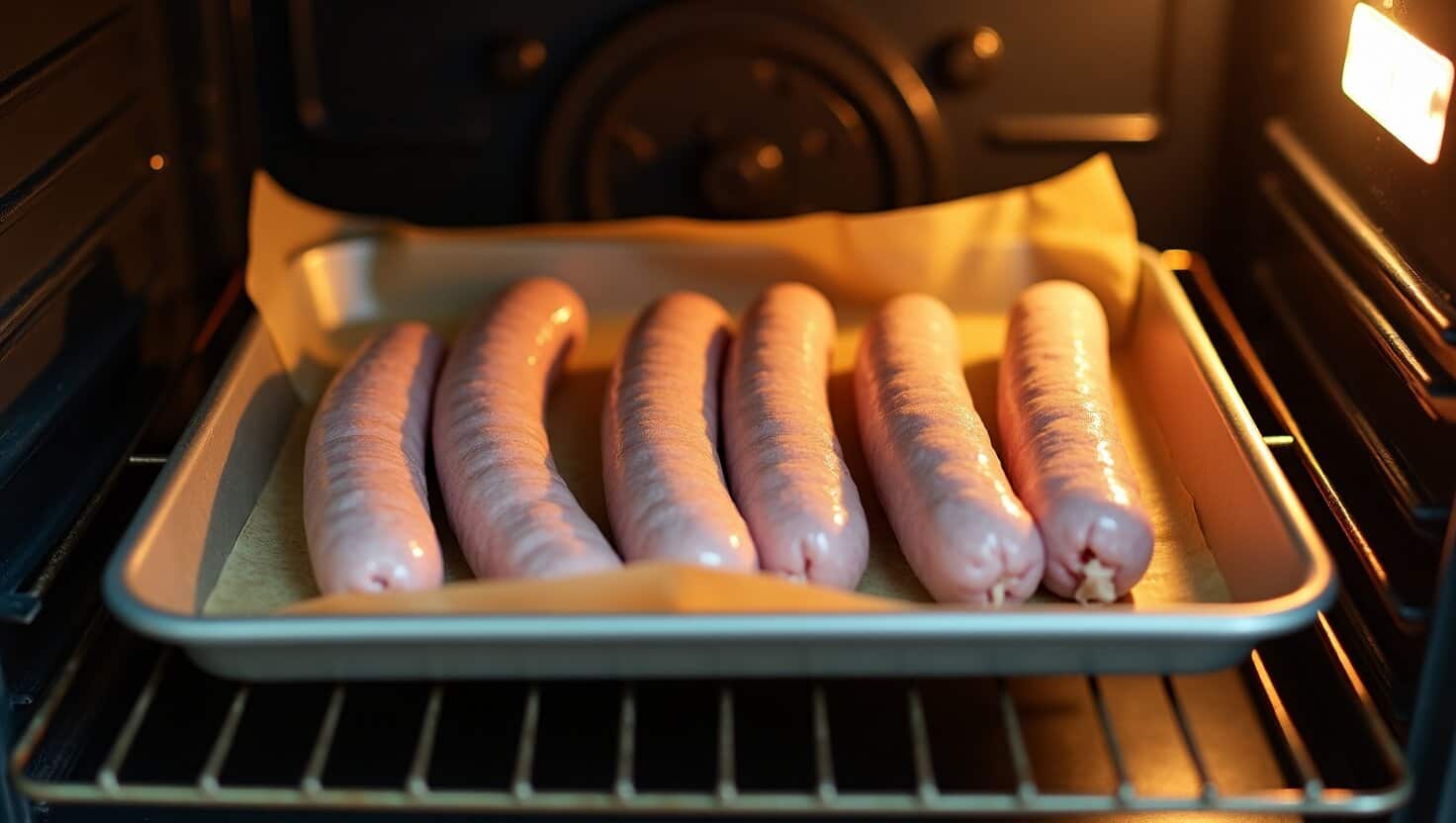 Sausages baking in the oven, with a warm golden glow illuminating the savory links.