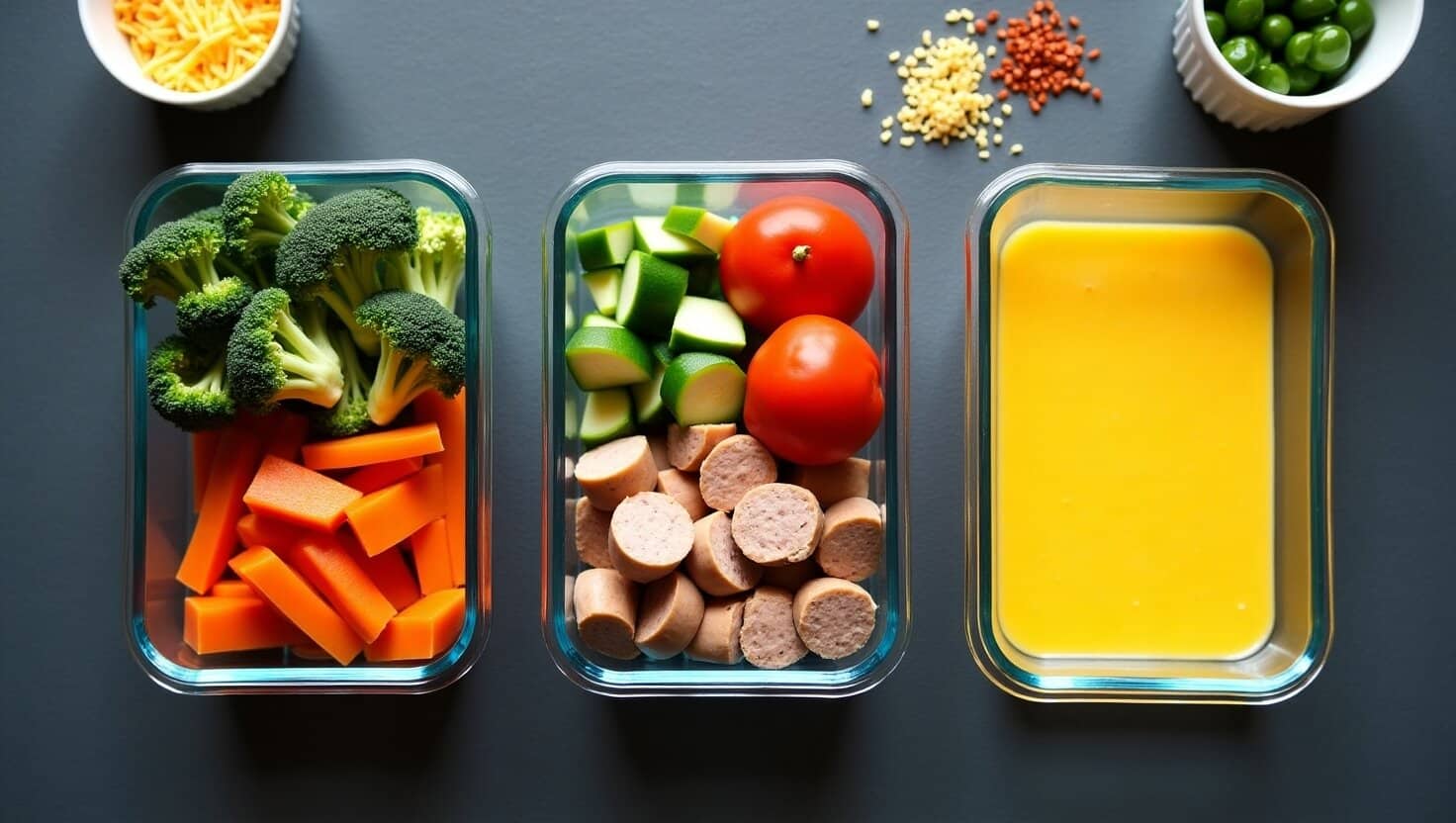 Prepared food containers presenting a variety of colorful, wholesome ingredients for a well-rounded, portable meal option.