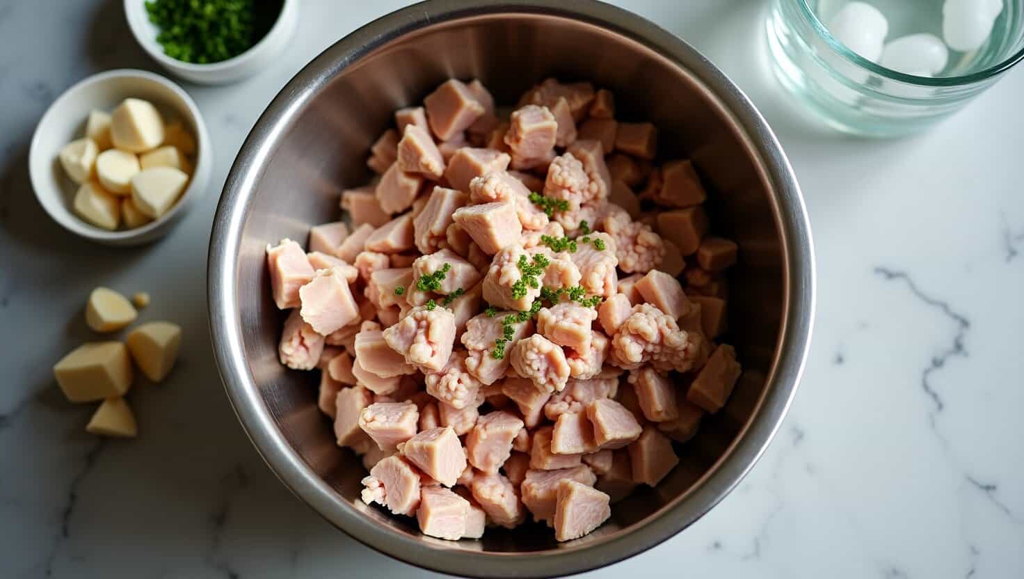 A close-up of diced chicken meat, with fresh parsley leaves sprinkled on top, surrounded by small bowls of additional ingredients.