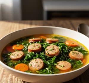 Healthy homemade soup featuring sliced sausage, fresh kale, and carrots in a clear broth.