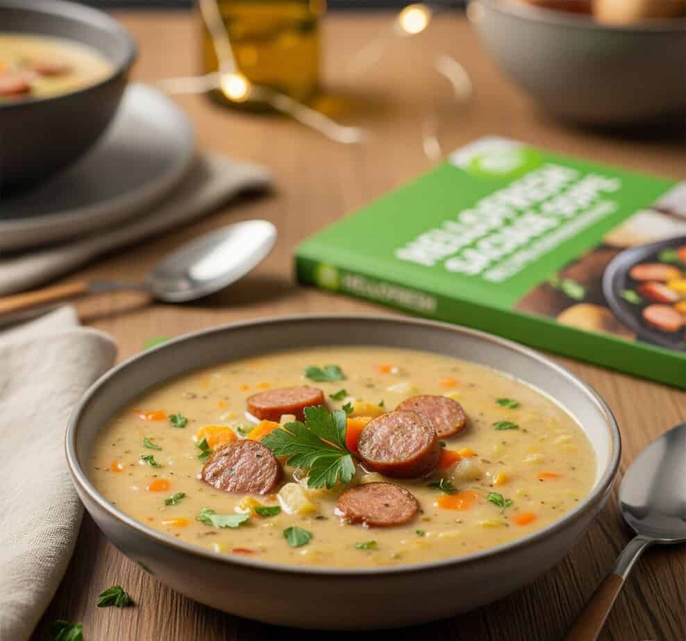 A bowl of creamy chicken sausage and vegetable soup garnished with fresh parsley, served next to a HelloFresh recipe booklet