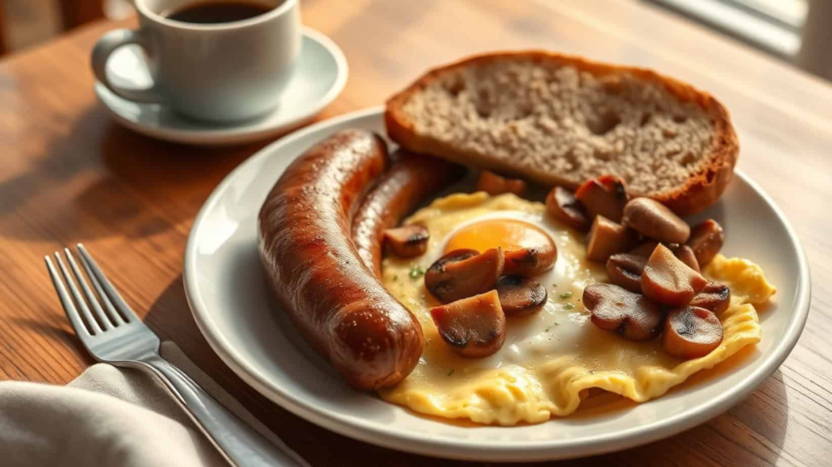 White ceramic plate with scrambled eggs, a grilled sausage, sautéed mushrooms, and a slice of toast. 