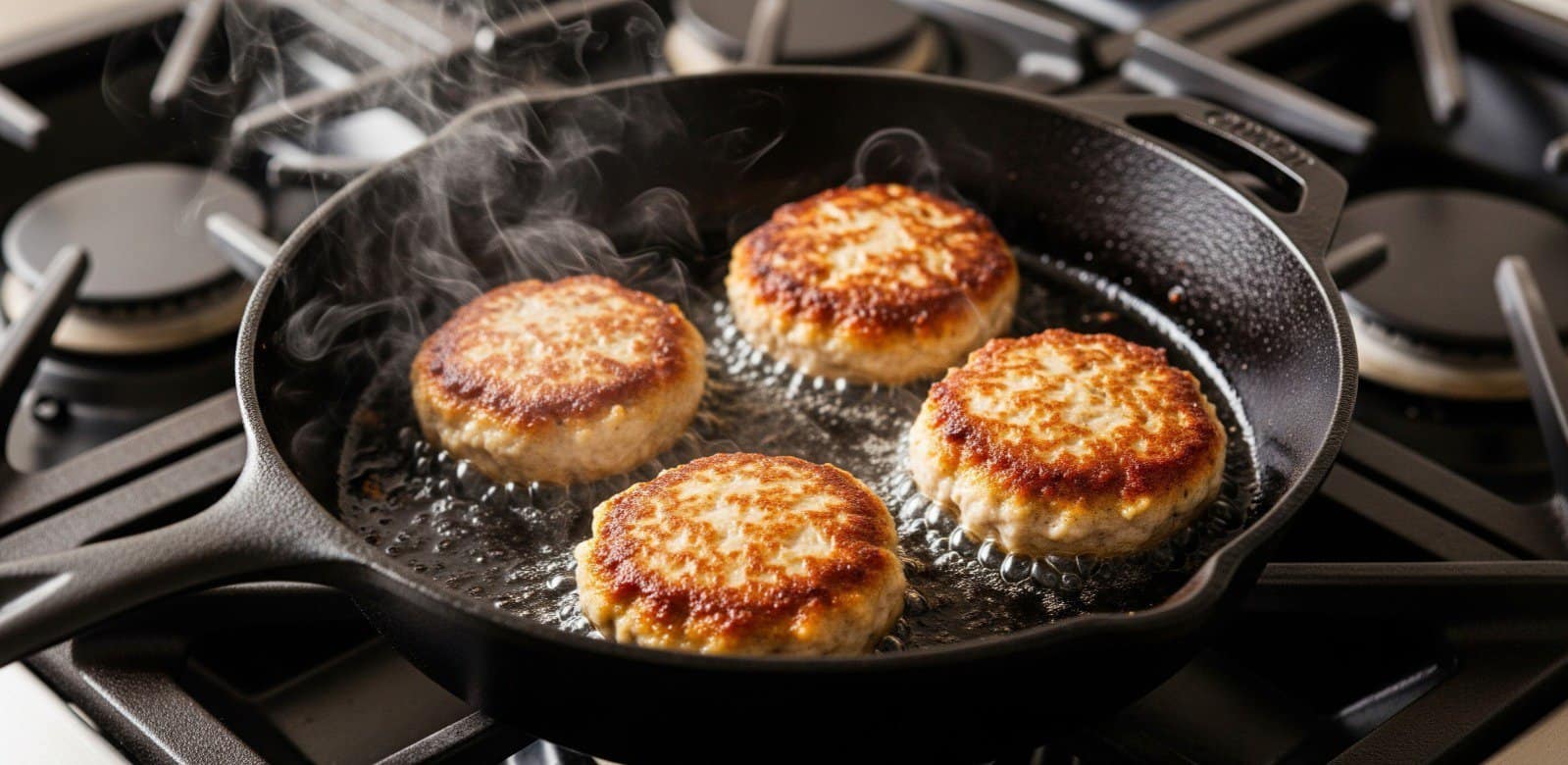 Golden-brown homemade chicken breakfast sausage patties sizzling in a skillet, healthy, high-protein, low-fat breakfast option.