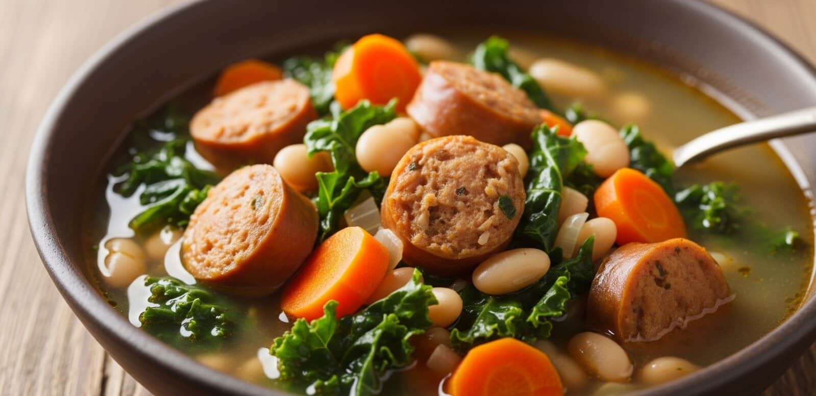 Close-up of the best chicken sausage soup in a bowl, filled with sliced chicken sausage, kale, carrots, and white beans in a clear broth, a hearty and healthy one-pot meal.