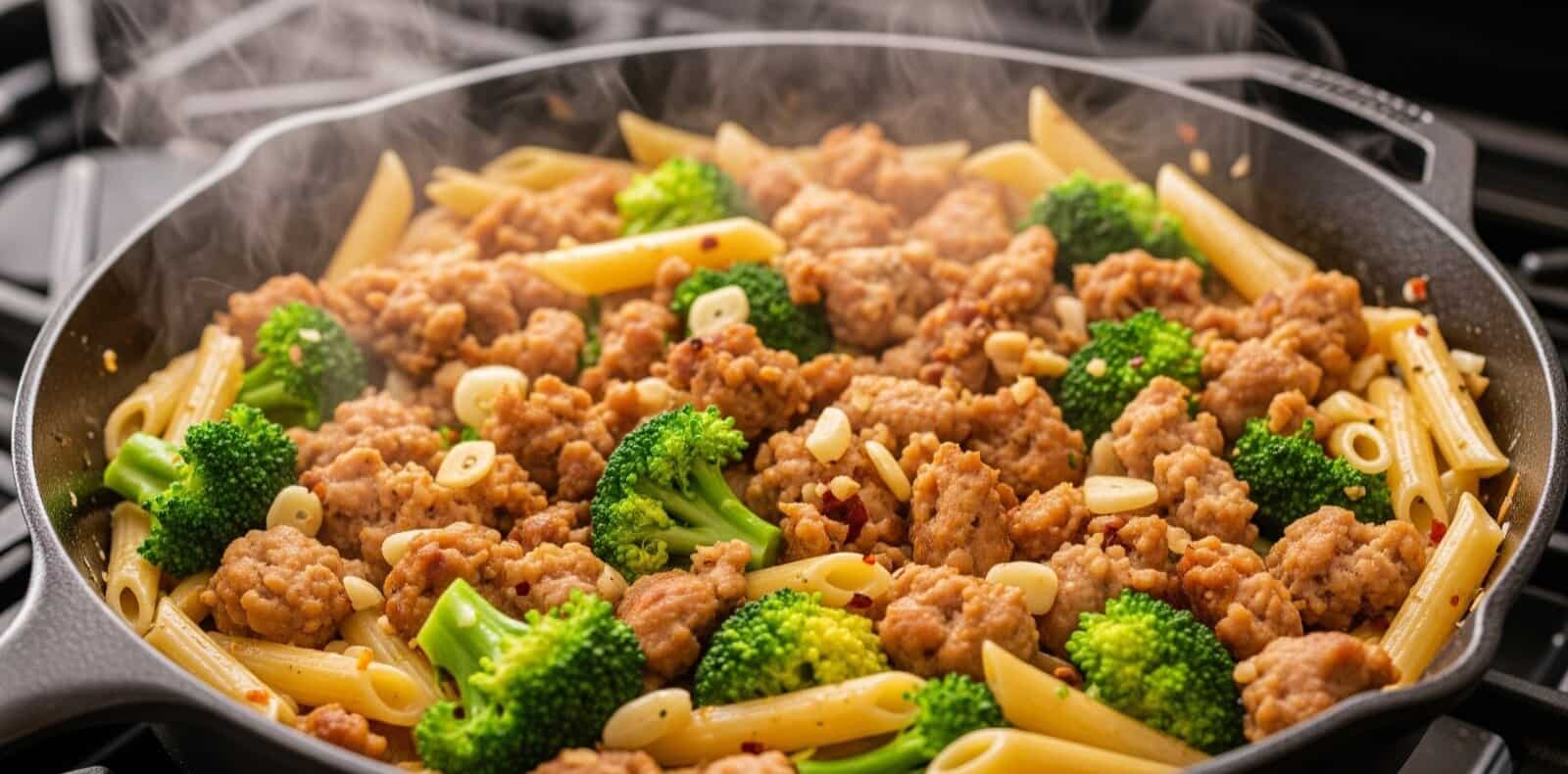 Chicken sausage and broccoli pasta cooked in a skillet with garlic and penne, a quick and healthy dinner idea packed with flavor.