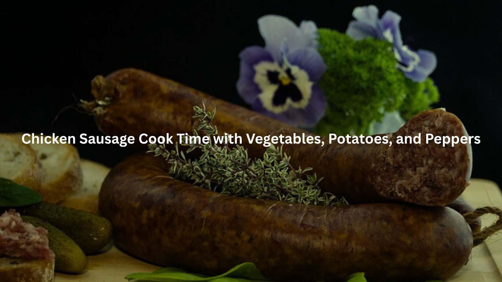 Chicken Sausage Cook Time for Juicy Results 1 Juicy chicken sausages alongside roasted vegetables and aromatic herbs, creating a visually appetizing and flavorful dish.