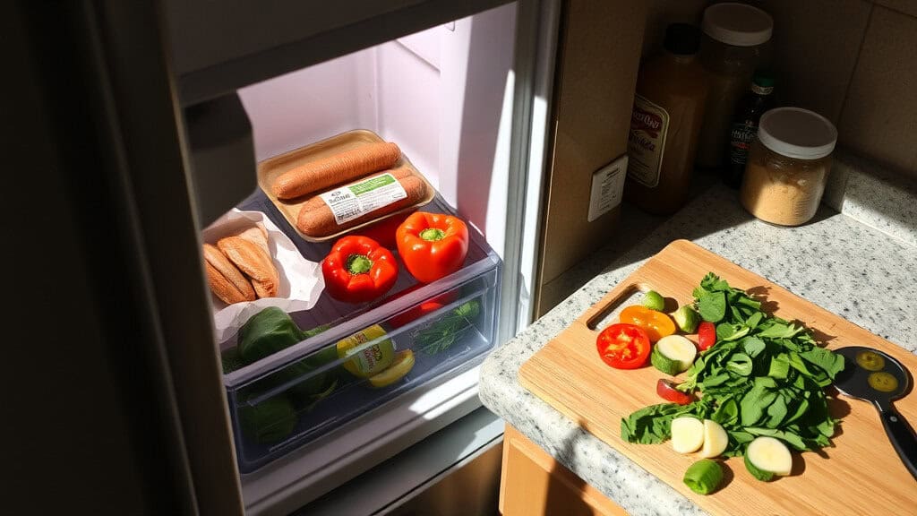 Ingredients for chicken sausage hoagie recipes, including sausages, bell peppers, and fresh vegetables, in a refrigerator.