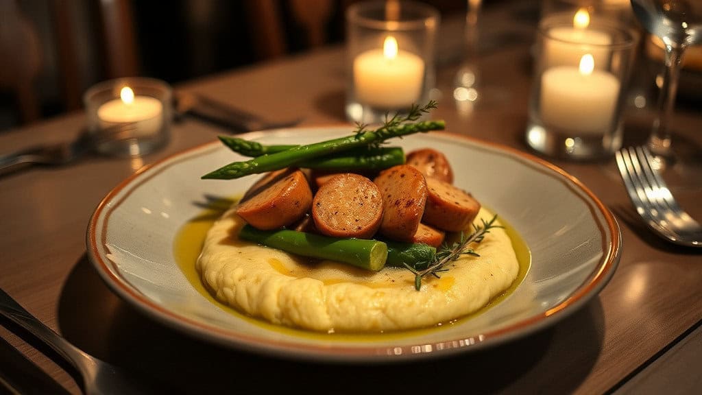 A plate featuring chicken sausage and asparagus atop creamy mashed potatoes, garnished with herbs and surrounded by candles.