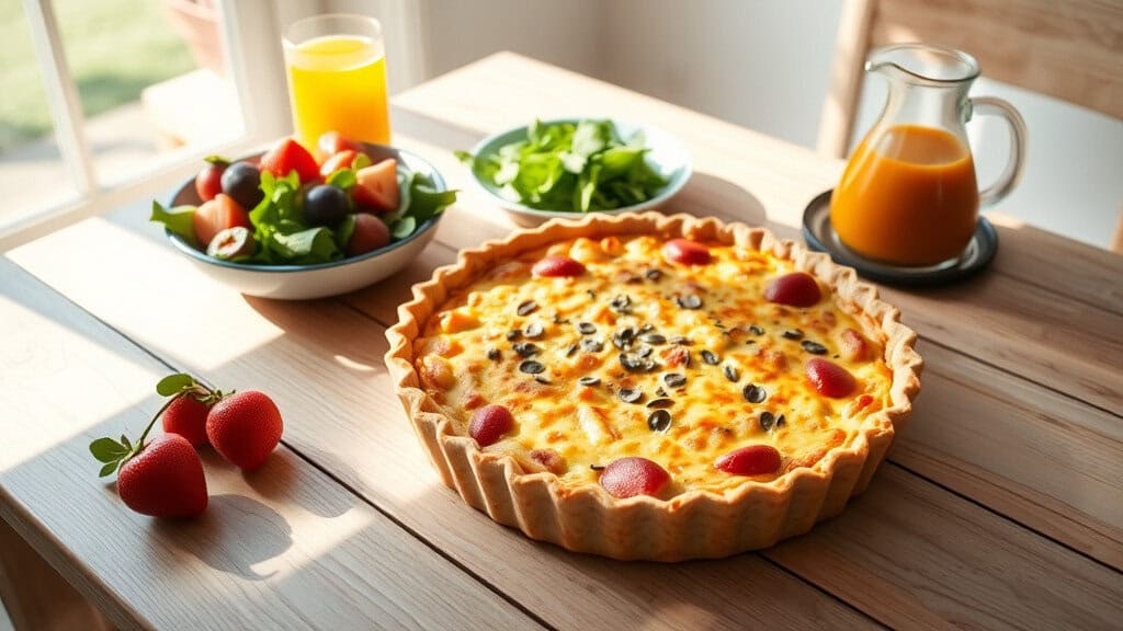 A chicken sausage and spinach quiche on a wooden table, surrounded by fresh salad, strawberries, and orange juice.