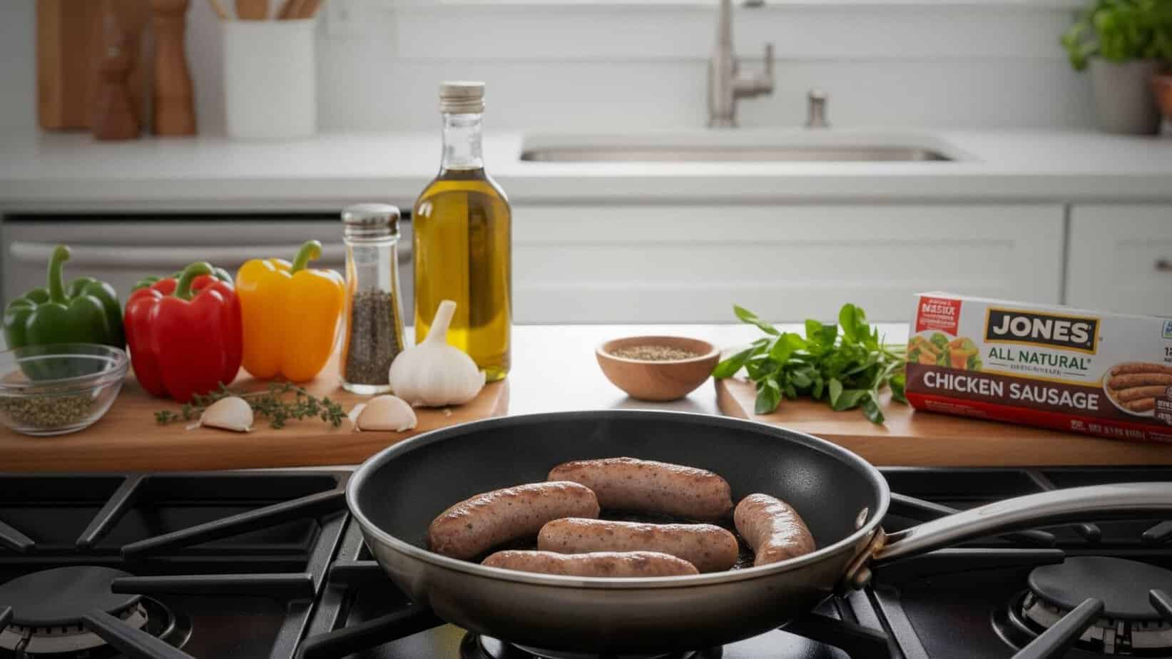 Jones chicken sausages being cooked in a non-stick pan with fresh vegetables and herbs, illustrating a healthy and practical home-cooked meal.