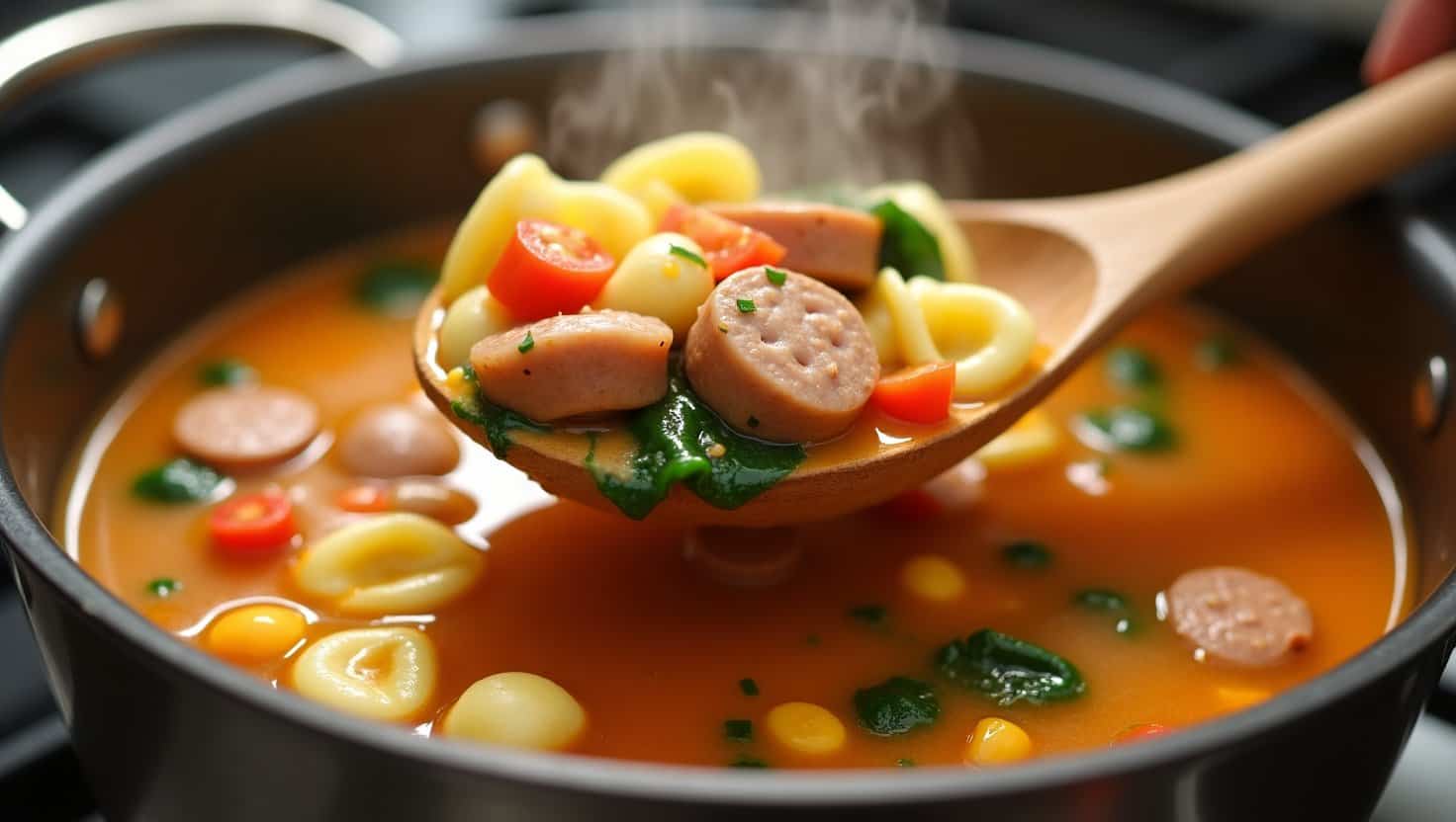 Nourishing and flavorful soup filled with colorful vegetables, sausage, and aromatic herbs