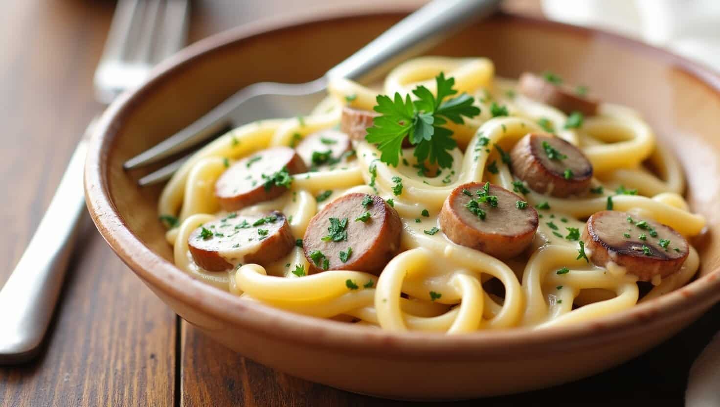 Savory bowl of pasta and sliced sausage, a comforting meal.