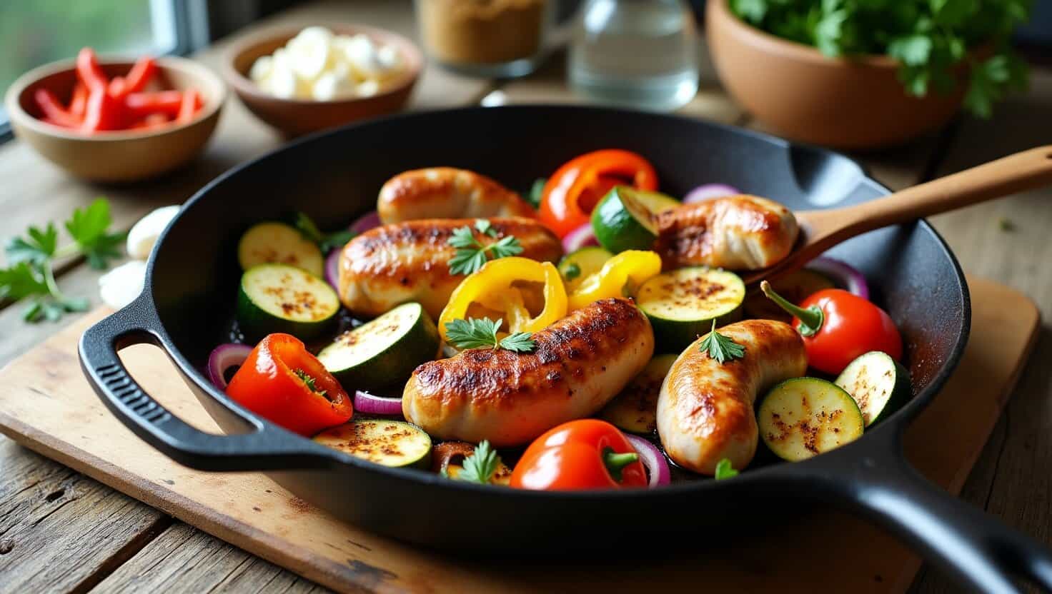 A cast iron skillet filled with sizzling grilled sausages, roasted vegetables, and fresh herbs, creating a mouthwatering, balanced meal.