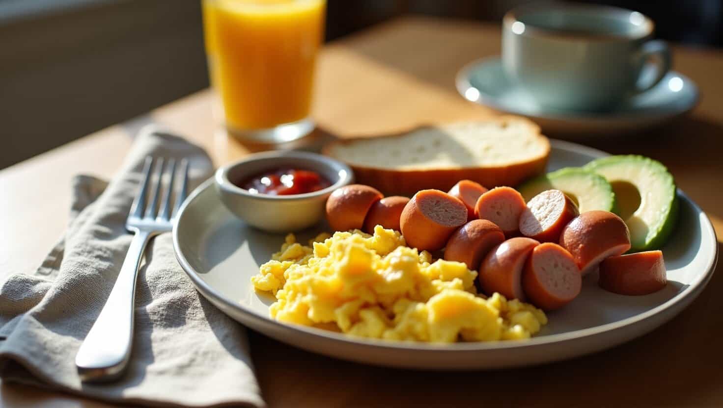 Hearty morning meal featuring a plate of fluffy scrambled eggs, savory sausages, and an assortment of crisp vegetables, ready to fuel the day ahead.
