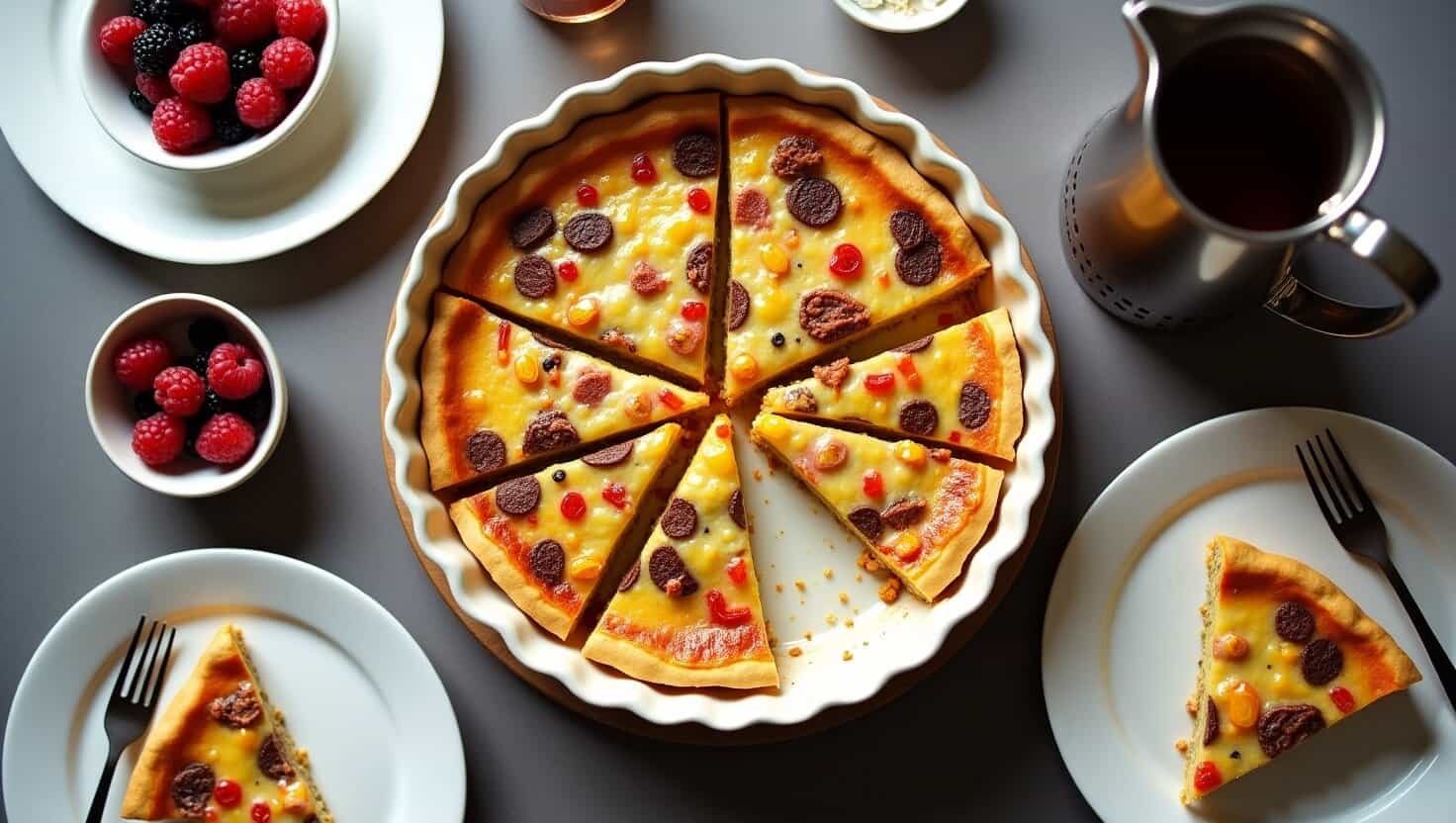 Delightful Breakfast Quiche: A savory quiche filled with a medley of colorful ingredients, including fresh berries, chocolate chips, and a golden custard base.