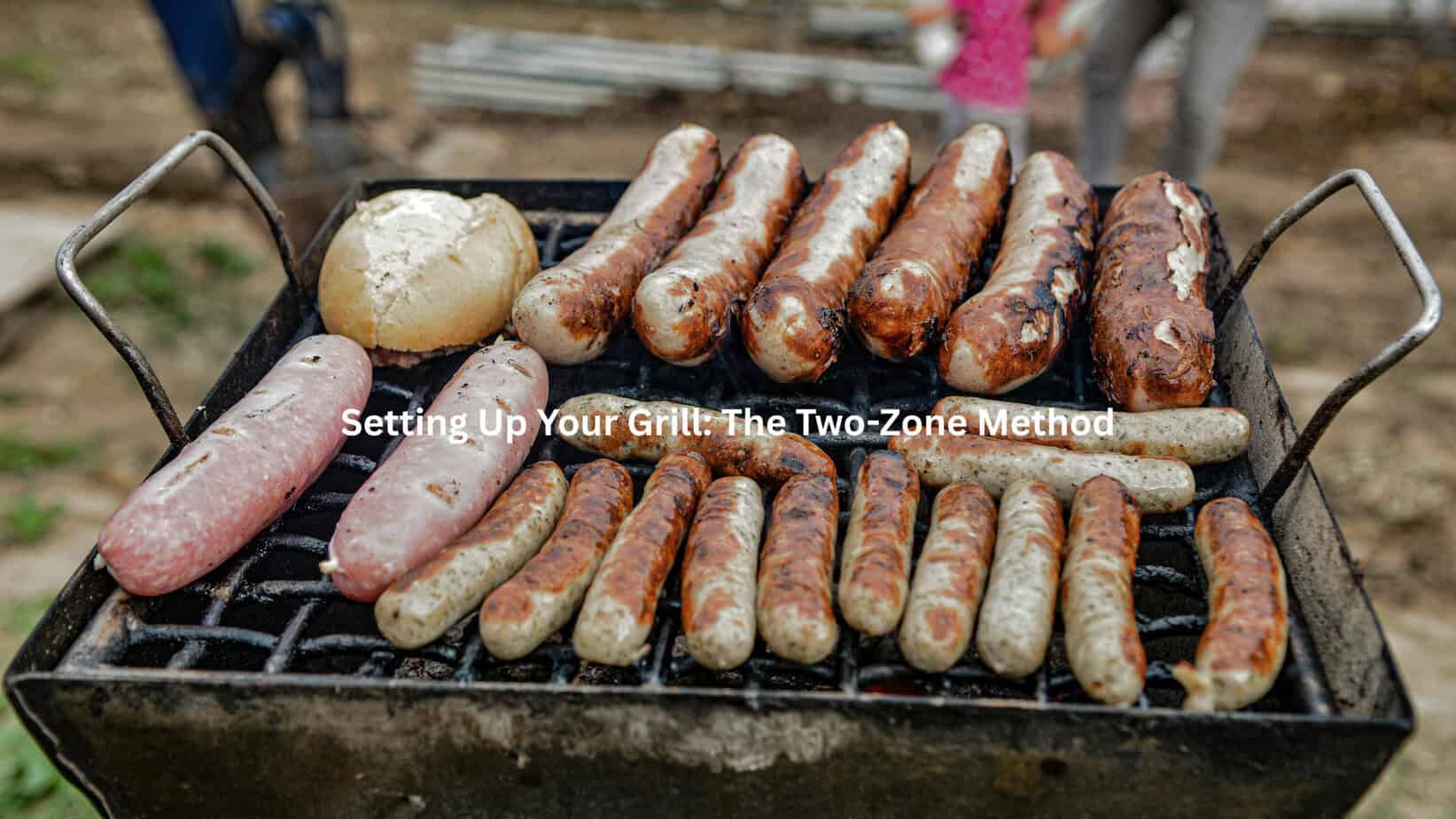 Variety of sausages and bread rolls shown on a charcoal grill, accompanied by a title describing the optimal grilling technique.