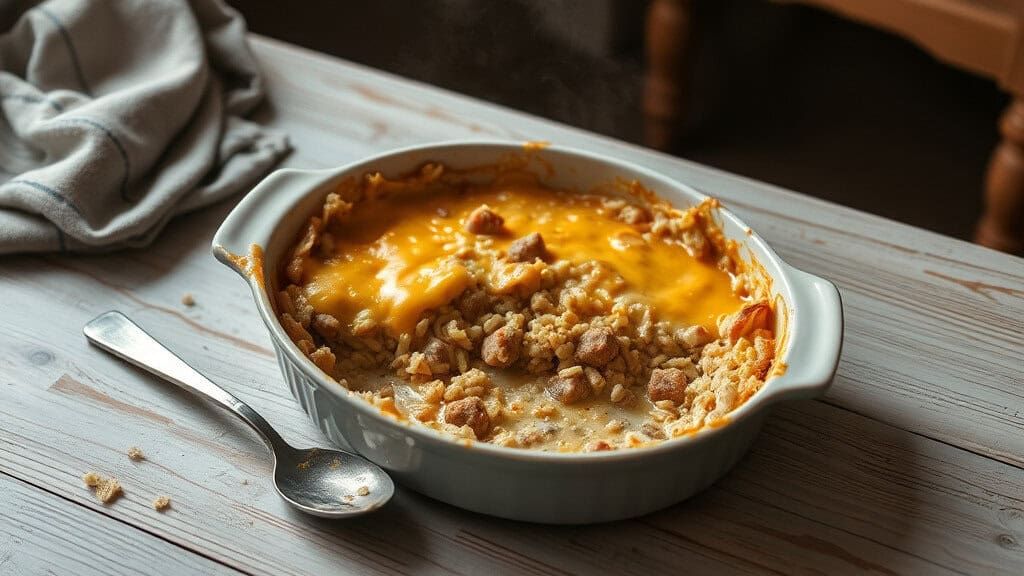 A steaming chicken sausage and wild rice casserole topped with melted cheese, served in a white baking dish on a table.