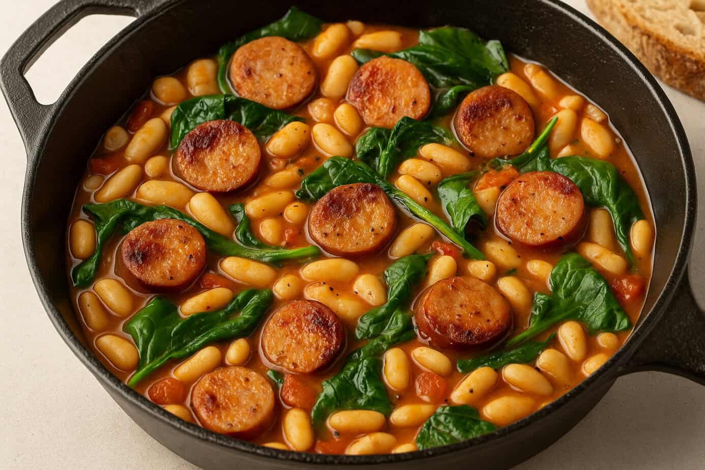 Chicken sausage and beans with wilted spinach in a cast iron skillet, served in a flavorful tomato-based broth.