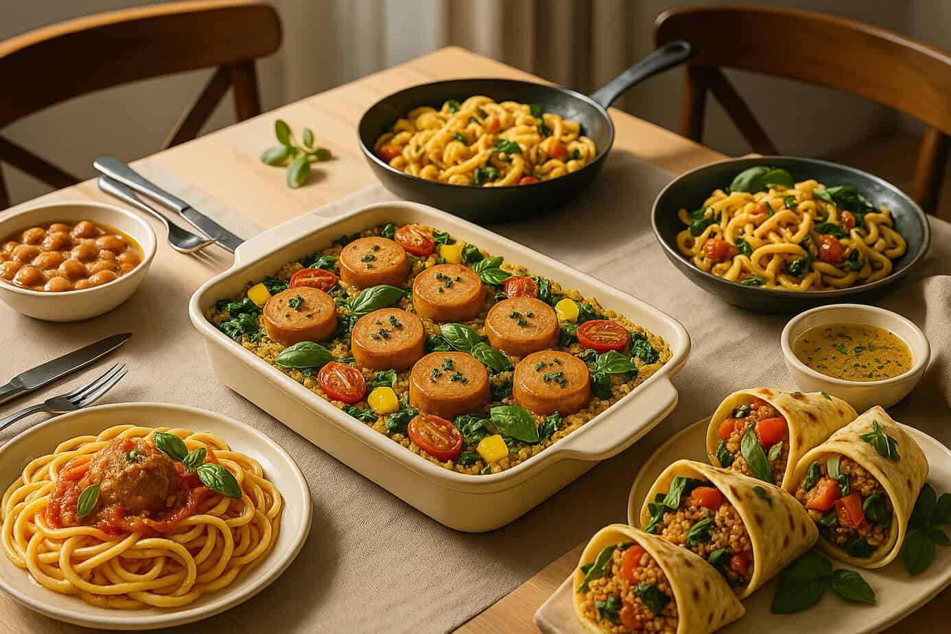 Italian-style chicken sausage casserole with quinoa, grilled vegetables, herbs, and rich textures.