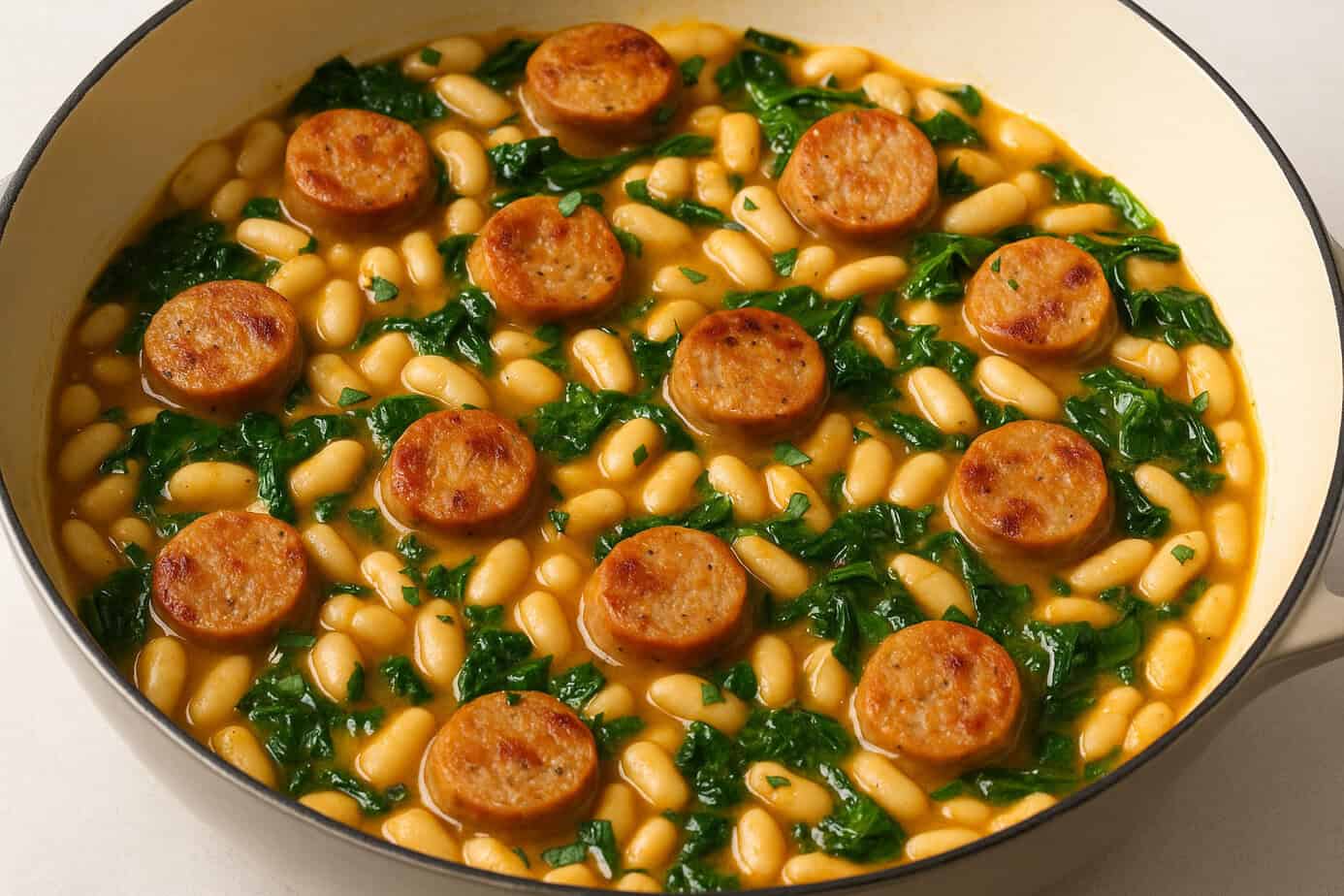 Chicken sausage and beans simmered with greens in a creamy broth, cooked in a light-colored Dutch oven.