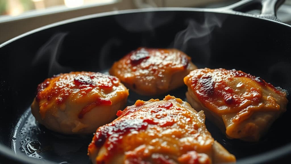 A skillet with golden-brown chicken and sausage, one pot dumplings, steaming and ready to serve in a cozy kitchen.