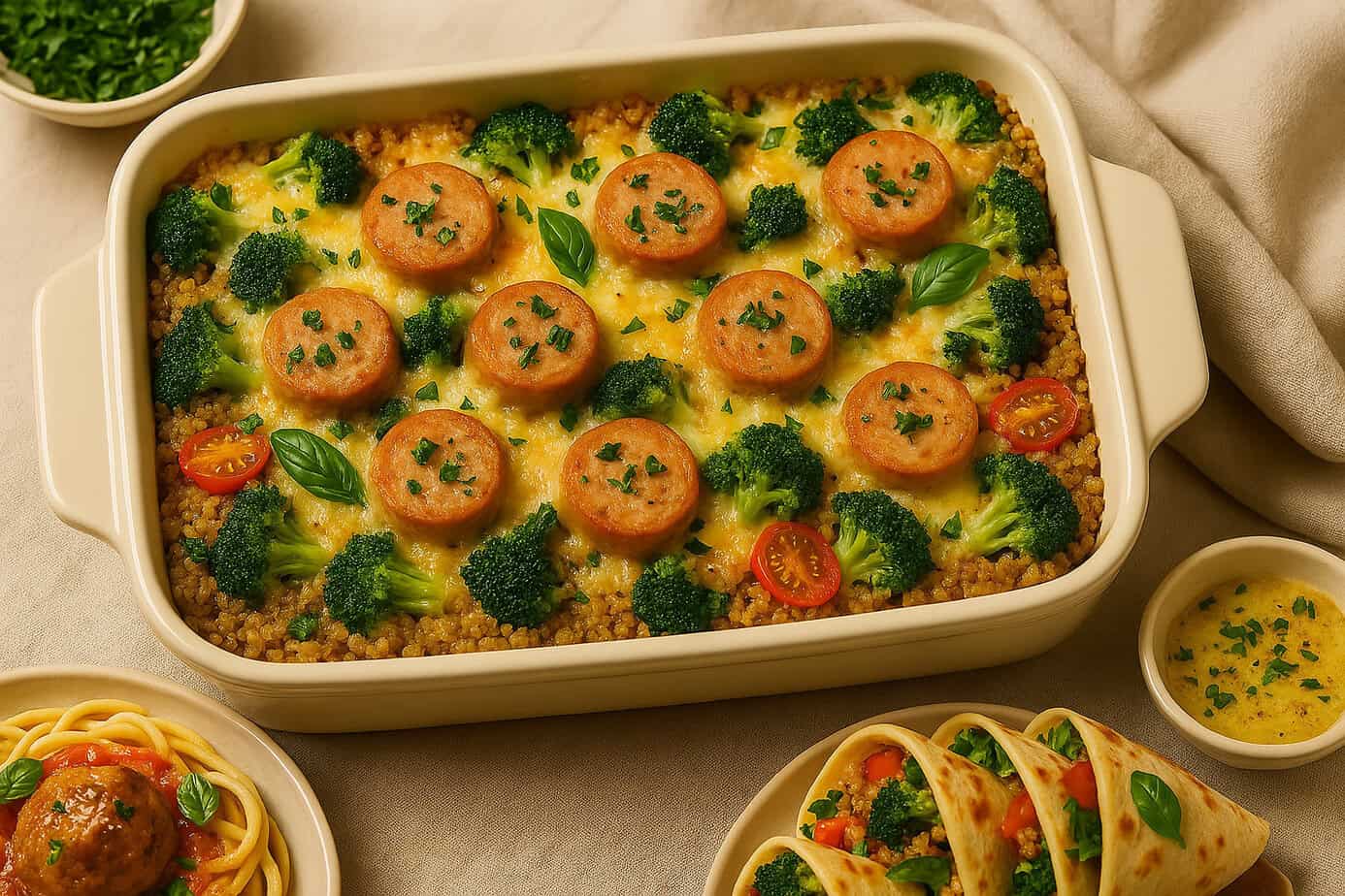 Italian-style chicken sausage casserole with quinoa, grilled vegetables, herbs, and rich textures.