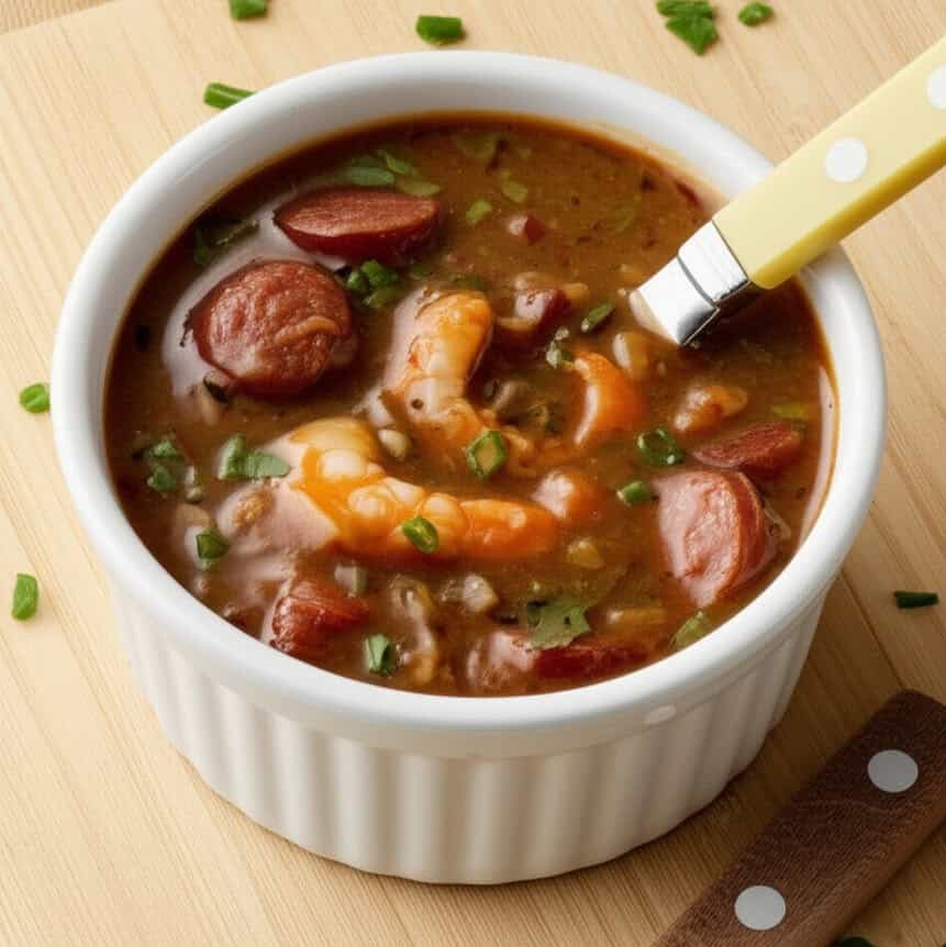 A dark, rich stew served in a white ribbed ramekin on a light wooden board, with a soup spoon and a green and white checkered towel to the side.
