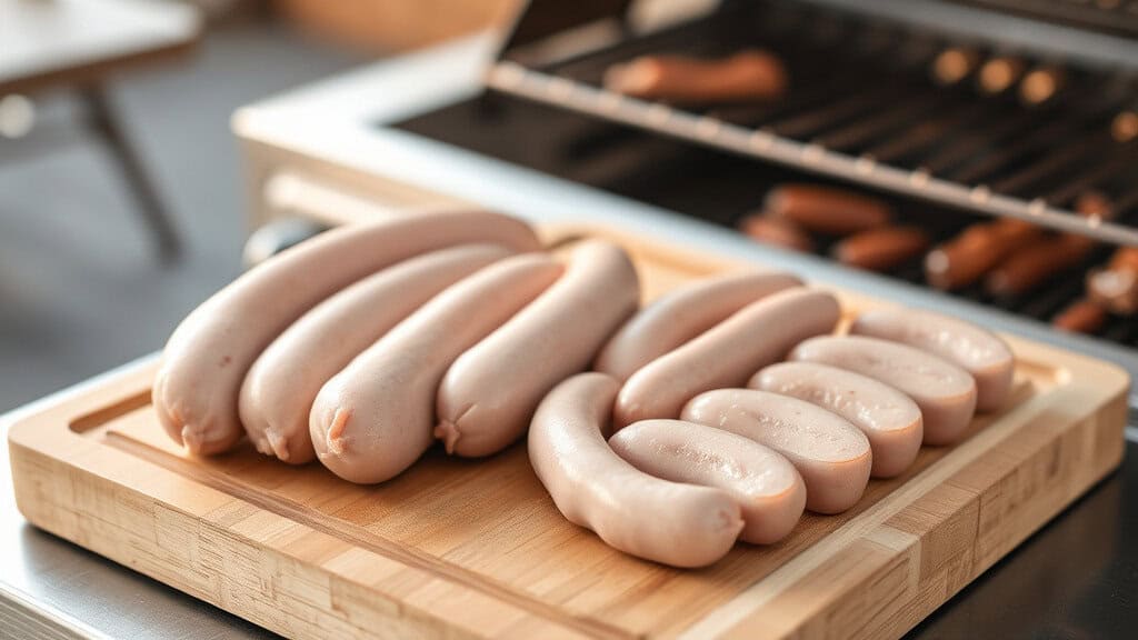 Raw chicken sausages on a wooden board, ready to be grilled, highlighting how long to grill chicken sausage on a gas grill.