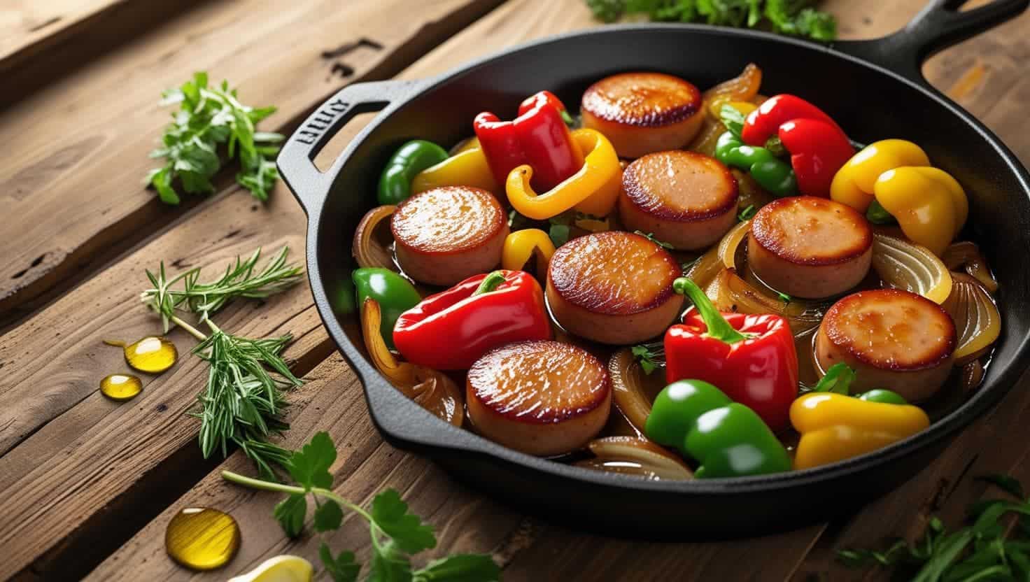 Flavorful sausage and assorted bell peppers simmering in a cast-iron skillet, offering a delicious and colorful protein-rich meal.