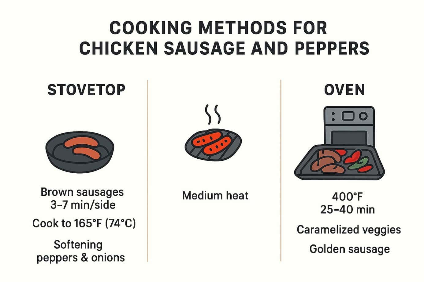 Infographic highlighting the cooking methods for preparing a delicious chicken sausage and roasted vegetable dish, including stovetop searing and oven roasting for optimal texture and flavor.