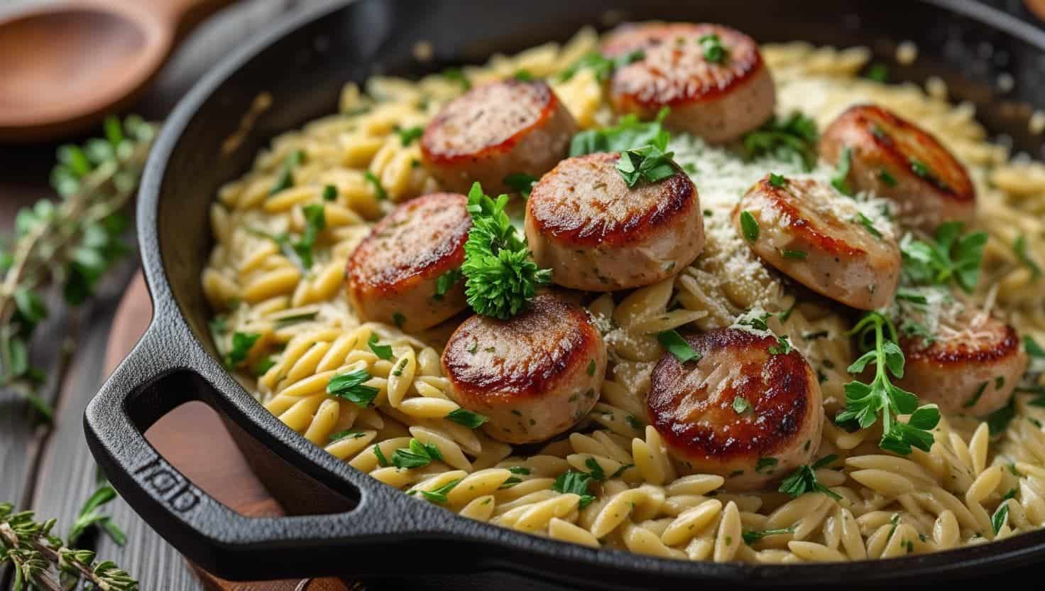 Savory chicken sausage slices nestled on a bed of orzo pasta, tossed with fresh herbs and a creamy boursin cheese sauce, creating a delectable and satisfying dish.