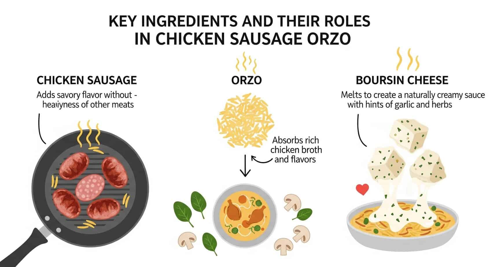 Infographic highlighting the key ingredients and their roles in creating a delectable chicken sausage orzo dish, including savory sausage, absorbent orzo, and the creamy boursin cheese sauce.