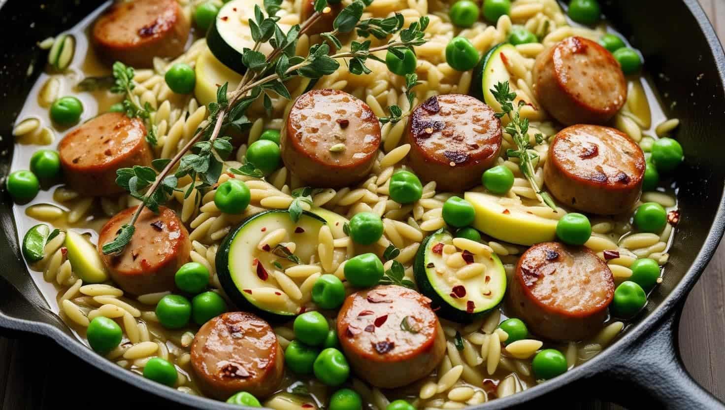 Chicken sausage orzo pilaf with fresh vegetables and herbs, creating a vibrant and appetizing dish, served in a rustic cast-iron pan.