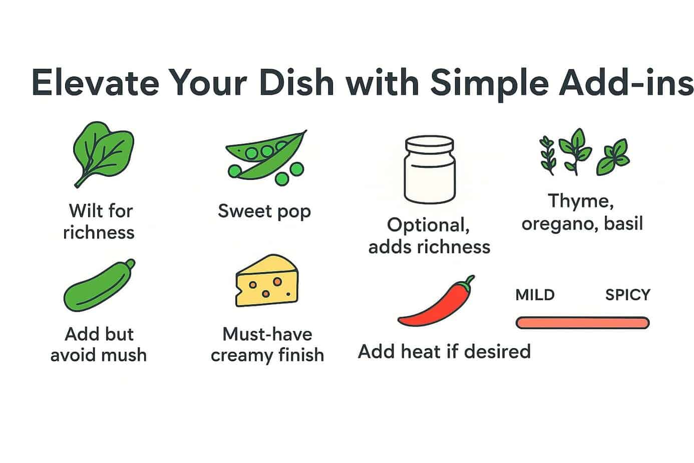 Tips to enhance a chicken sausage orzo pilaf dish with simple add-ins like wilted greens, sweet pops of flavor, herbs, and heat adjustments.