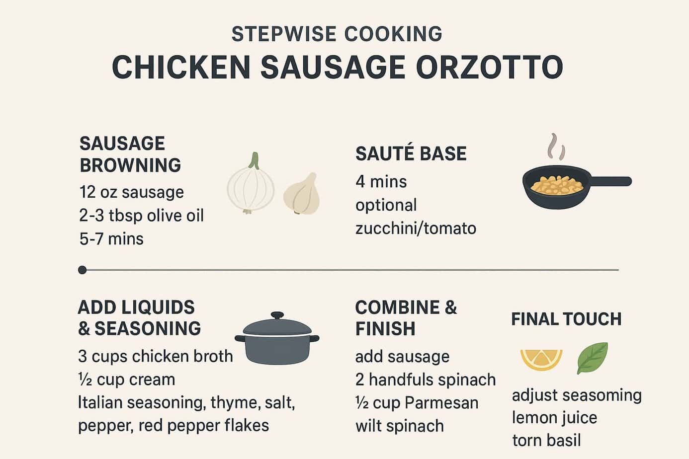 Stepwise cooking instructions for a delectable chicken sausage orzotto dish, including sausage browning, sautéing, adding liquids and seasonings, and the final touches.