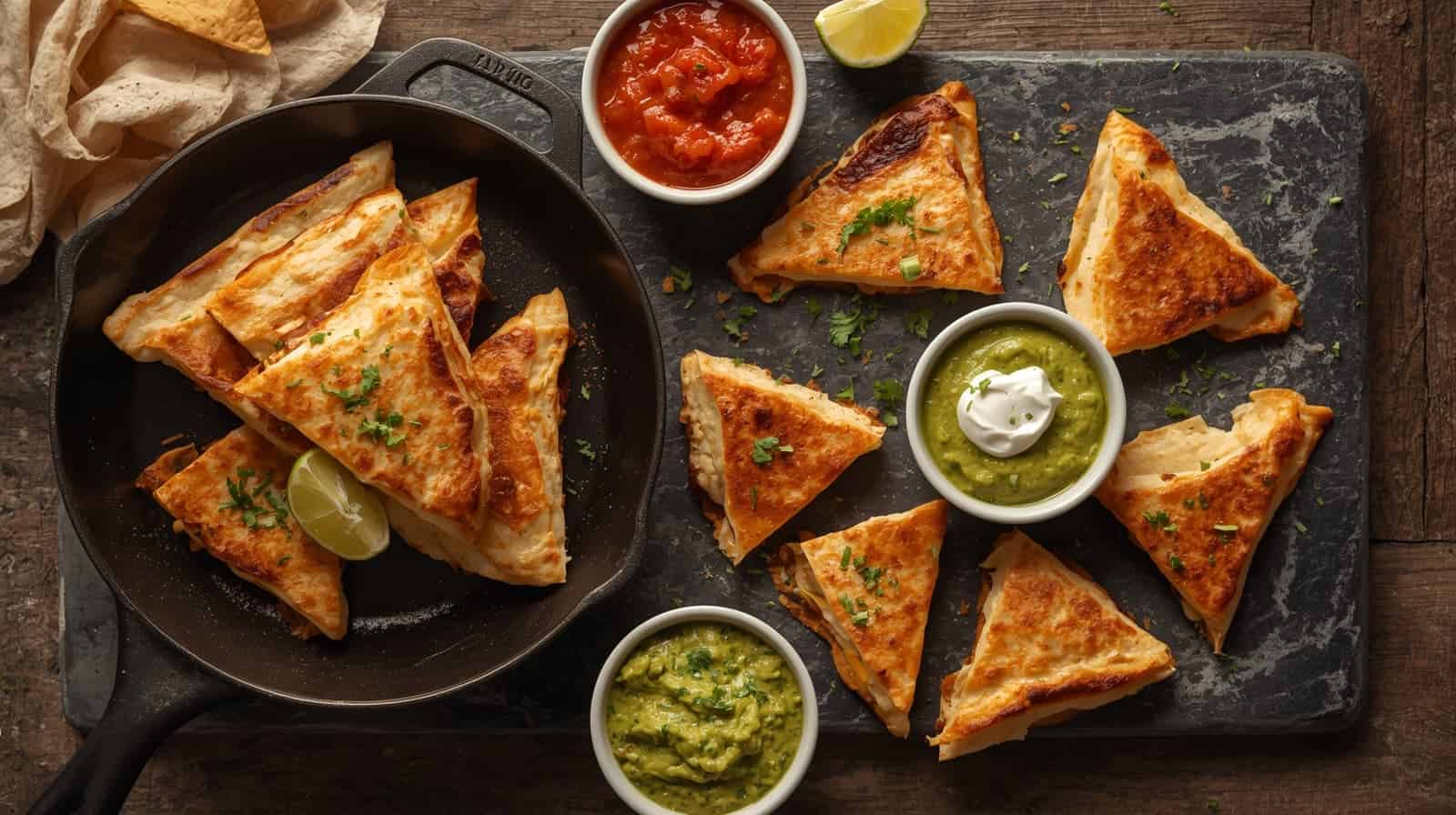 Crispy golden quesadillas filled with savory chicken sausage, accompanied by vibrant salsa and creamy guacamole, creating a mouthwatering Mexican-inspired dish.