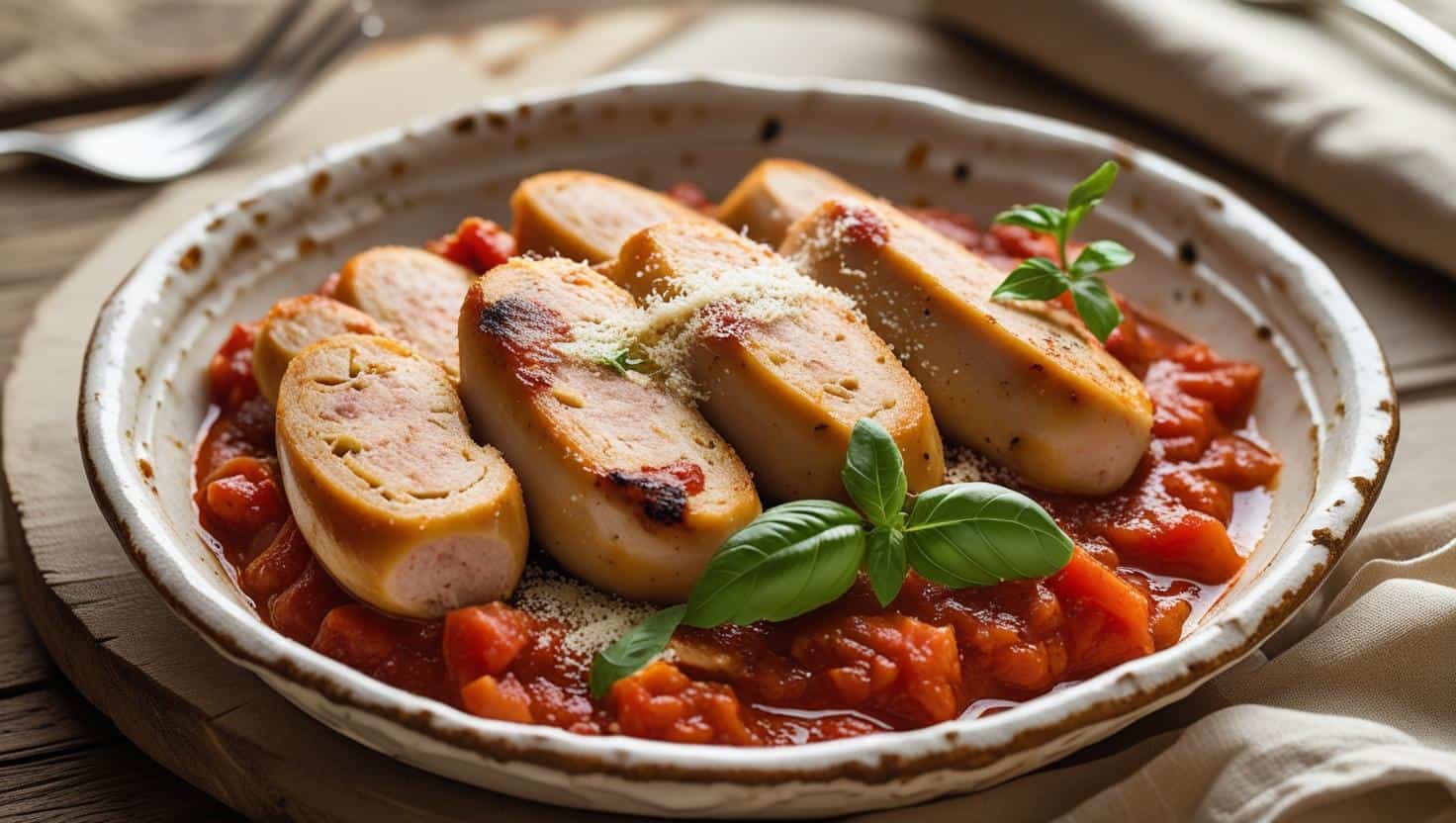 Slices of savory chicken sausage nestled in a hearty marinara sauce, garnished with fresh basil leaves, creating a delectable and visually appealing dish.