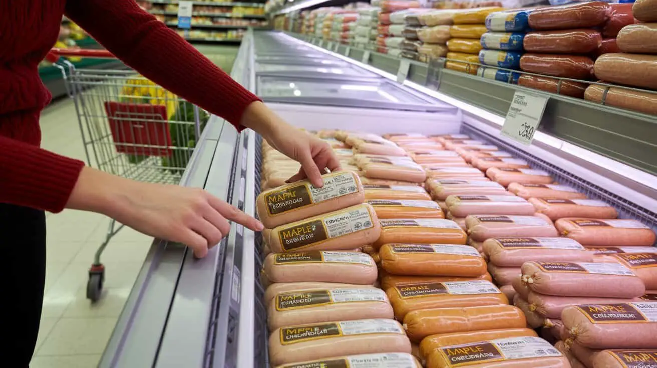 Person selecting sausages in a grocery store, illustrating where to buy Delia's chicken sausage.
