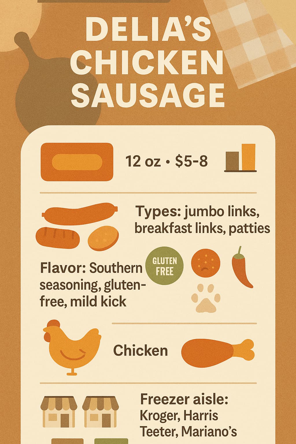 Image showing Delia's chicken sausage details, including types, flavors, and where to buy Delia's chicken sausage.