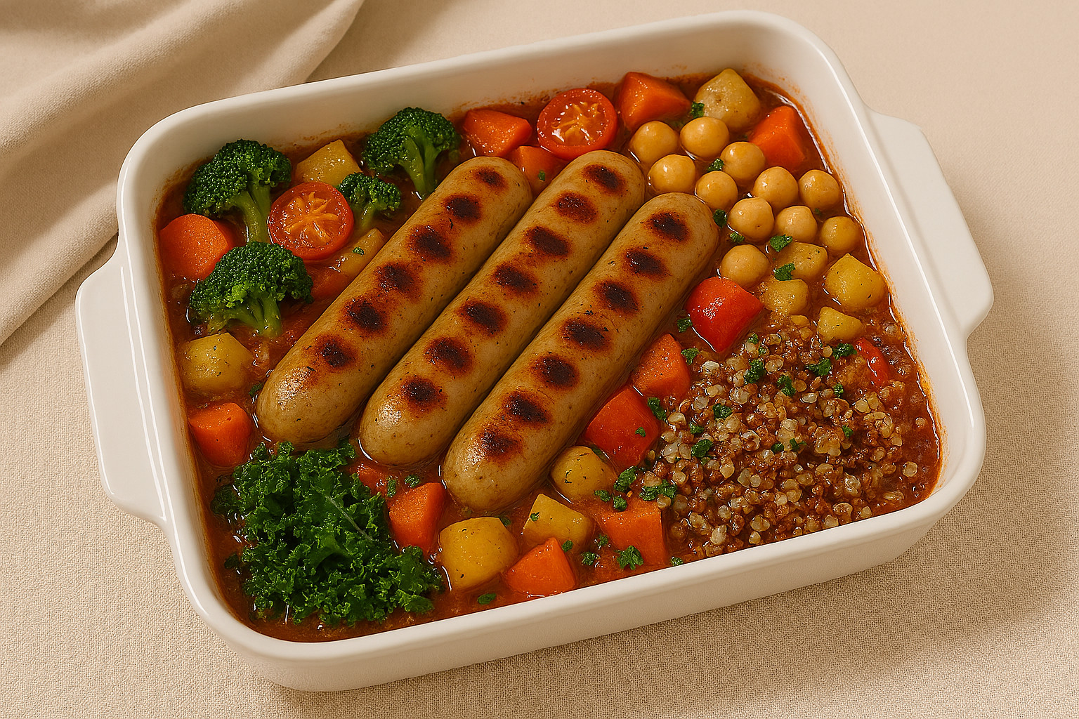 Baked chicken sausage casserole with vegetables, herbs, and golden cheese in ceramic dish.
