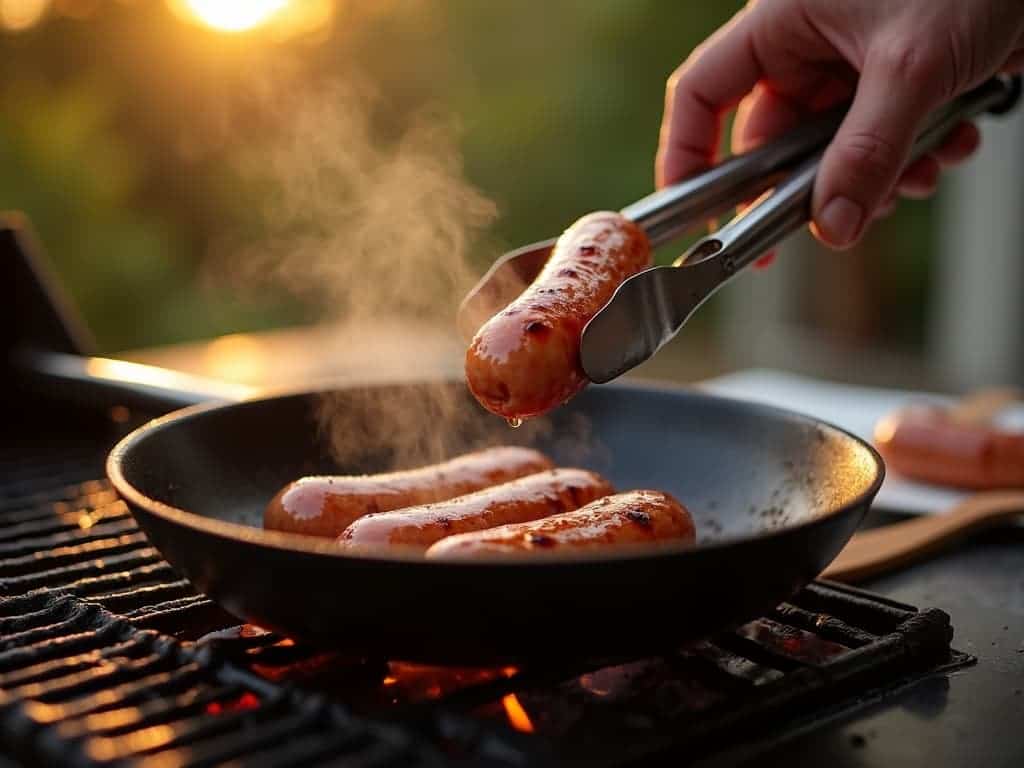 “Sizzling sausages on a hot grill, steam rising, capturing the essence of a delicious and healthy mealtime.”