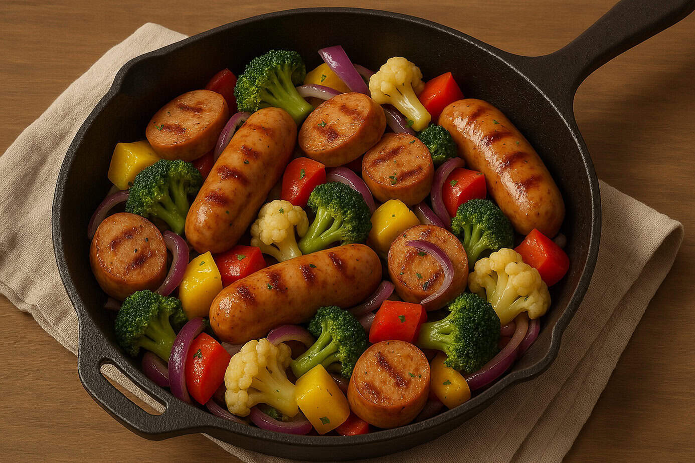 Rainbow vegetable skillet with sliced organic chicken sausage, grilled and glistening. 