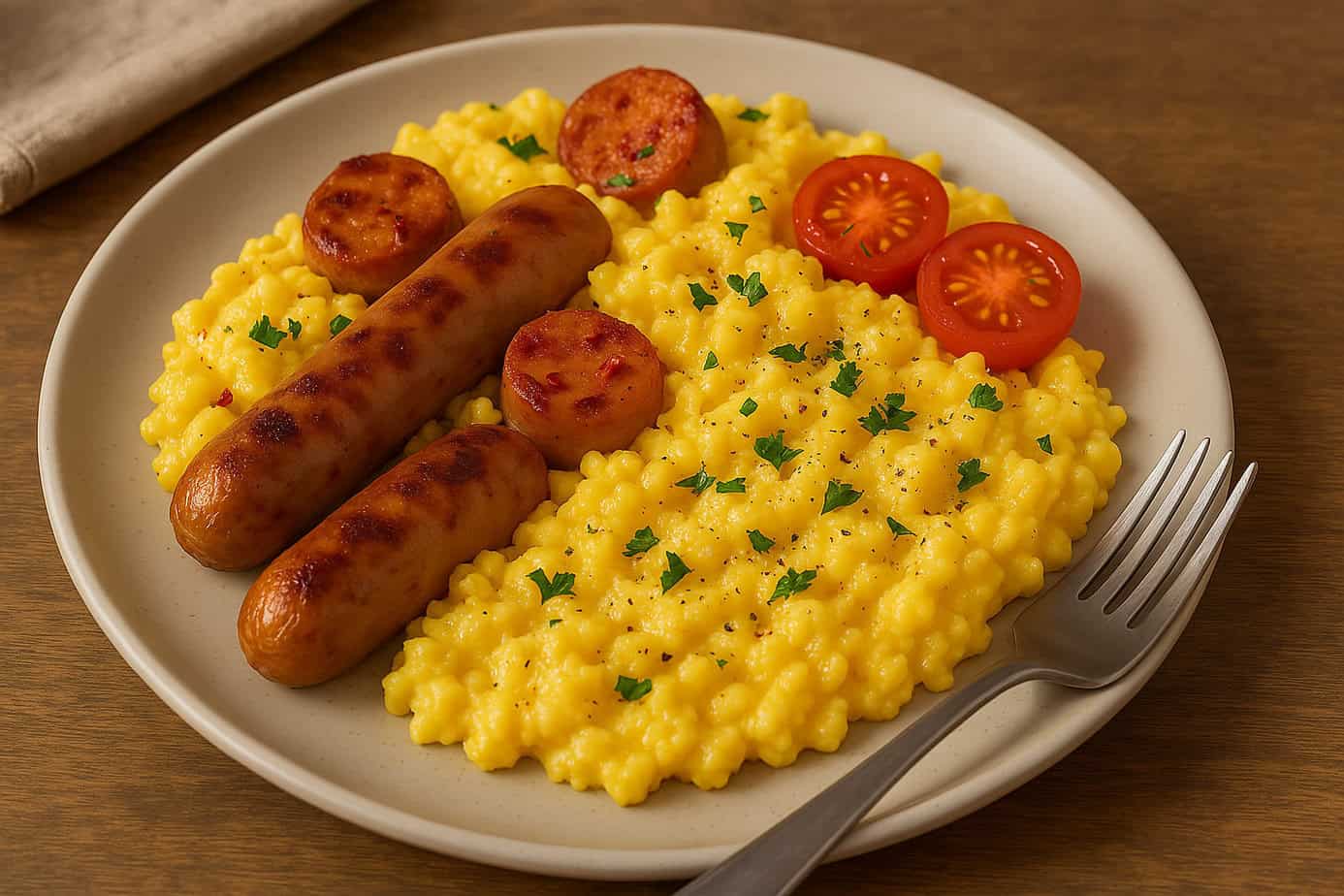 Scrambled eggs with spicy chicken sausage, garnished with herbs and chili slices.