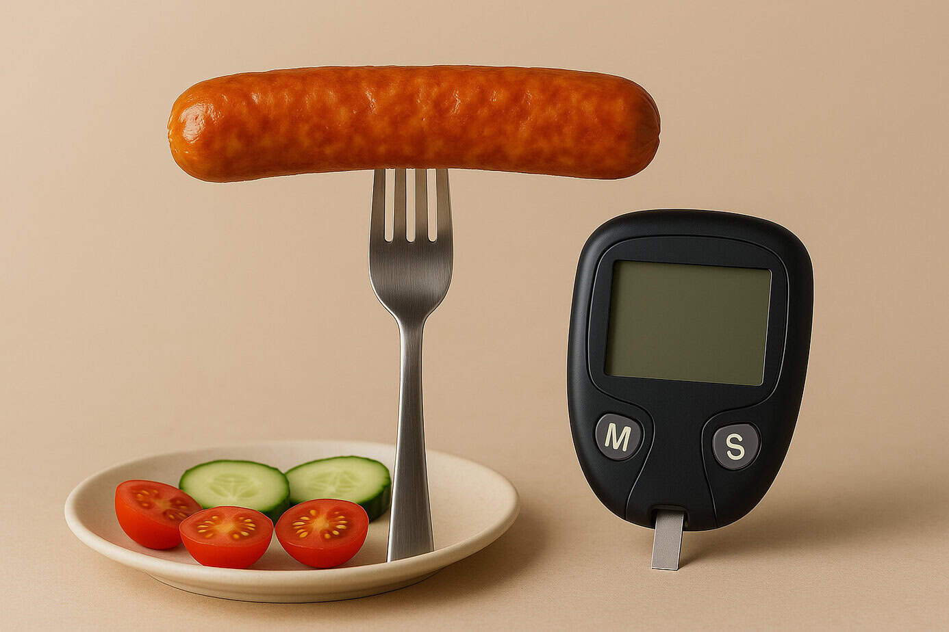 Chicken sausage with whole grains, greens, and glucose monitor.